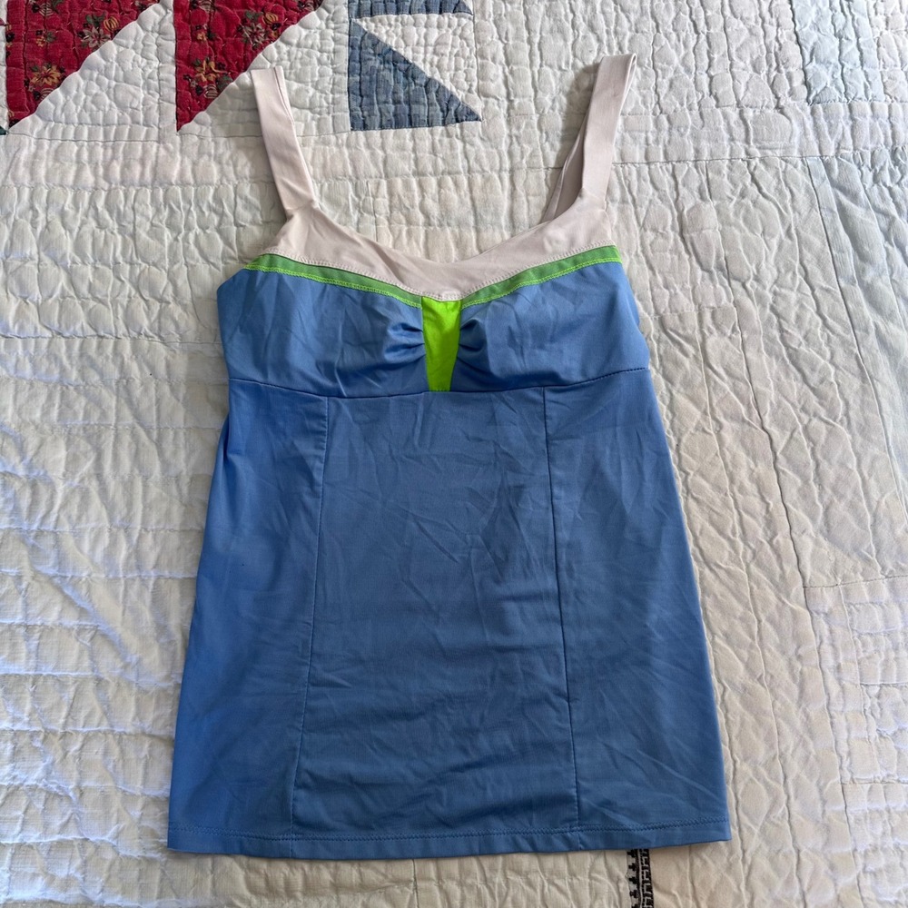 Lucky in Love Athletic Tank Top Blue Lime Green Tennis Cami Small‎